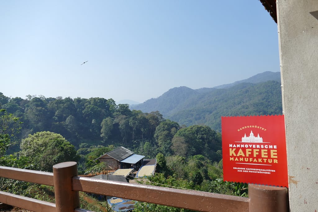 Kaffeeplantage in Thailand mit einem roten Schild der Hannoverschen Kaffeemanufaktur im Vordergrund und blauem Himmel im Hintergrund.